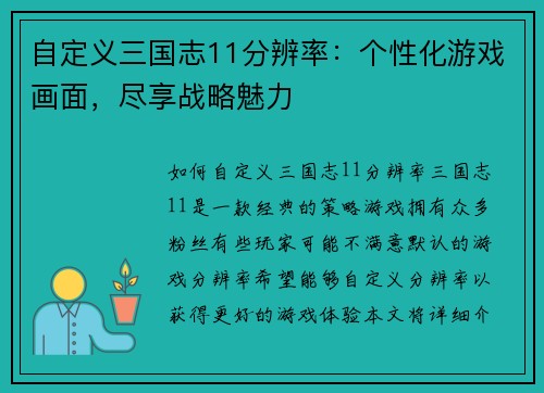 自定义三国志11分辨率：个性化游戏画面，尽享战略魅力